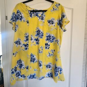 The Pioneer Woman Yellow Floral Lace-Trim Blouse L Euc